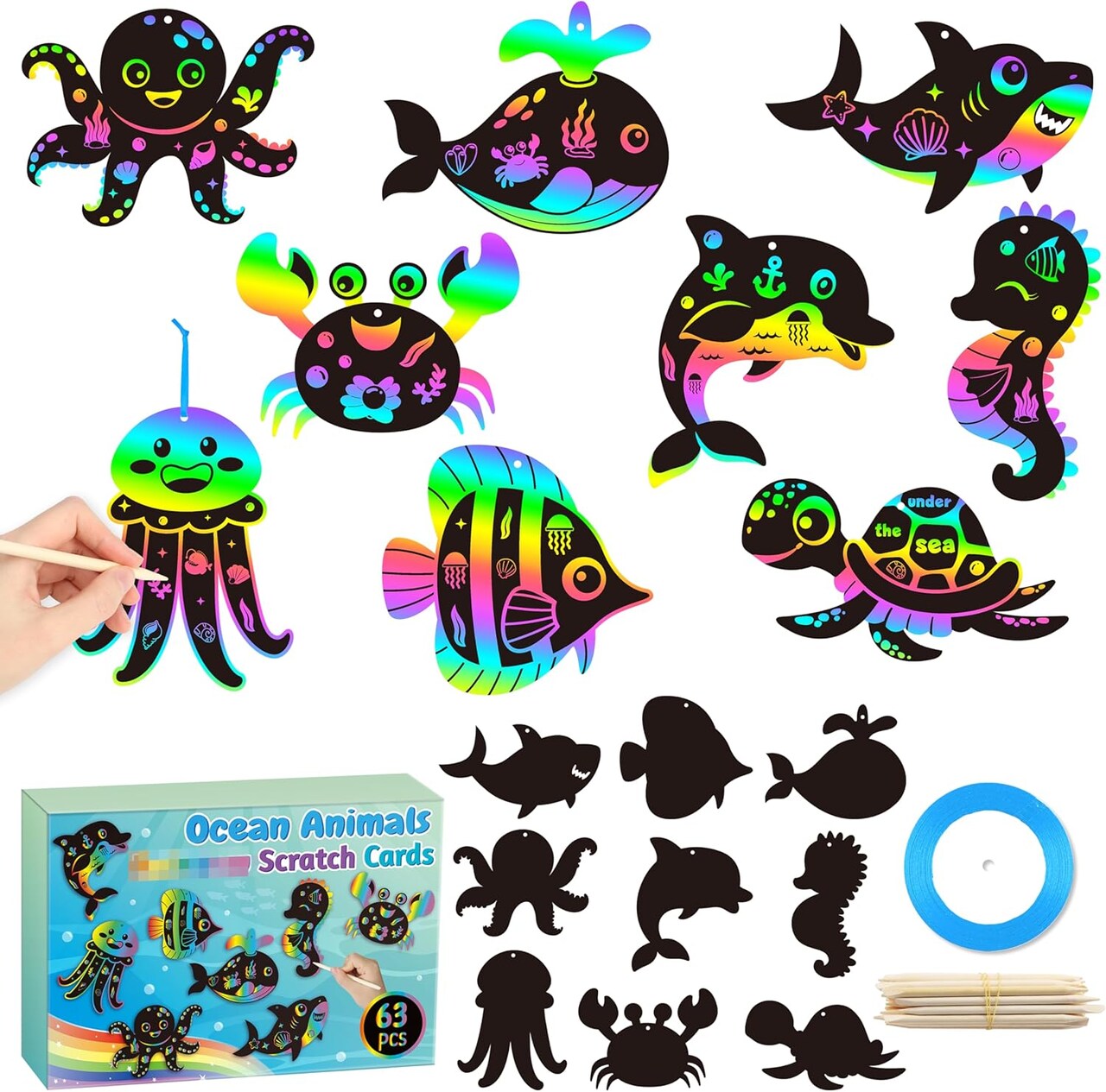 Ocean Animals Scratch Cards - 63PCS DIY Under The Sea Magic Art Color Craft Scratch Card Kit for Kids Dolphin Tortoise Magic Rainbow Art Kit for Kids Birthday Party Favors School Activity